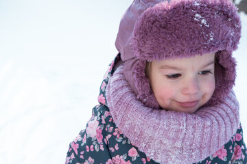 Winter, family, childhood concepts - close-up portrait authentic little preschool minor 3-4 years...