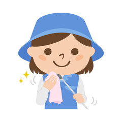 ゴルフ場で働く女性キャディのイラスト。ゴルフクラブの汚れをタオルで清潔にしてる女性。
