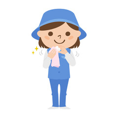 ゴルフ場で働く女性キャディのイラスト ゴルフクラブの汚れをタオルで清潔にしてる女性 Wall Mural Yukimco