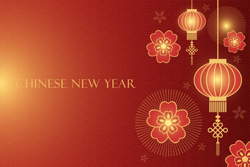 Chinese New Year celebration gradient background with golden light. Lanterns flowers and fireworks decoration. Vector illustration. 