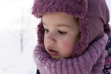 Winter, family, childhood concepts - close-up portrait authentic little preschool minor girl in...