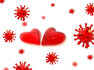 hearts virus coronavirus covid  covid-19   couple of  red  hearts 2 valentines day february 14 isolated love  - 3d rendering