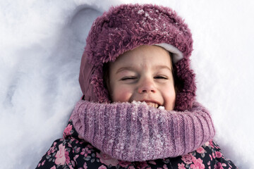 Winter, family, childhood concepts - close-up portrait authentic little preschool minor girl in...