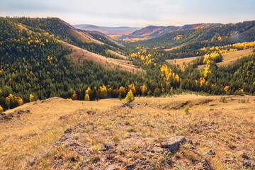 picturesque spurs of the Nurali ridge in the Ural Mountains in the Republic of Bashkortostan on an...