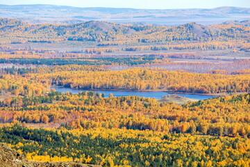 picturesque spurs of the Nurali ridge in the Ural Mountains in the Republic of Bashkortostan on an...