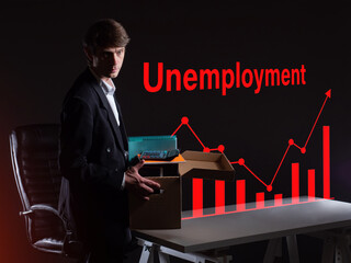 Office worker became unemployed. Concept of problems related to unemployment. Man with a cardboard...