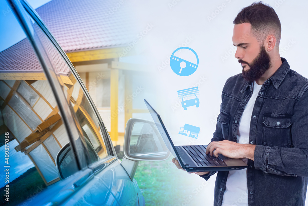 Poster integration of car into smart home system. man sets up an electronic opening door in a car. guy with