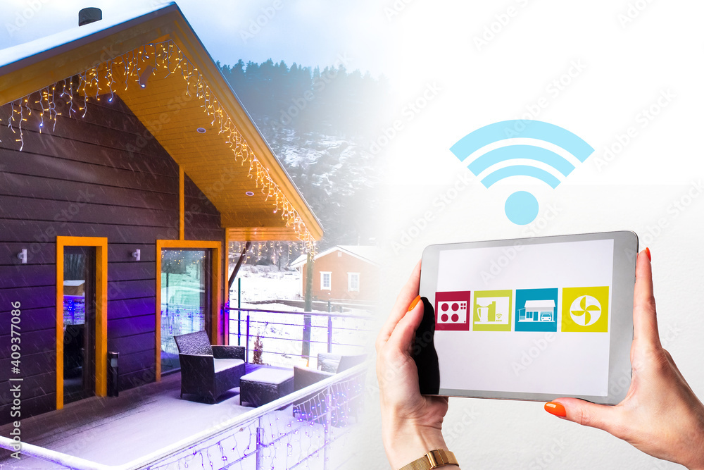 Poster the smart home system is displayed in the tablet. concept - a person controls household appliances a