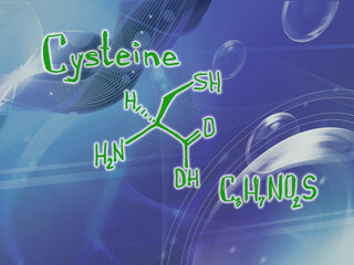 Chemical molecular formula of the amino acid cysteine b . Infographics. Abstract bright glitter blue background.