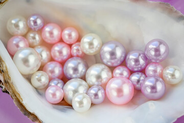 Artificial pearls inside the oyster shell. Different colors and size of pearls. Isolated on a rose background.