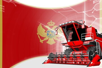 Fototapeta na wymiar Agriculture innovation concept, red advanced wheat combine harvester on Montenegro flag - digital industrial 3D illustration