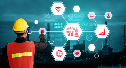 Engineering technology and industry 4.0 smart factory concept with icon graphic showing automation...