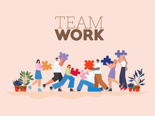 team work lettering and group of people with puzzle pieces