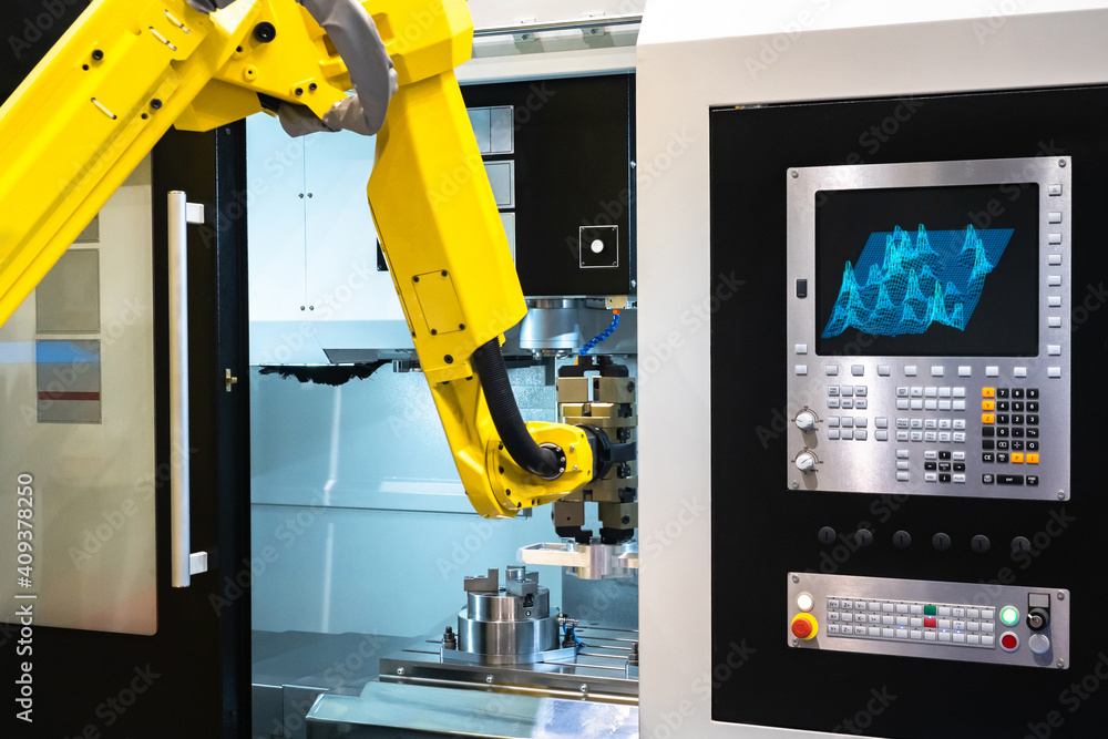 Poster scanning a part with a manipulator arm. robotic arm manipulator during processing of a metal part. e