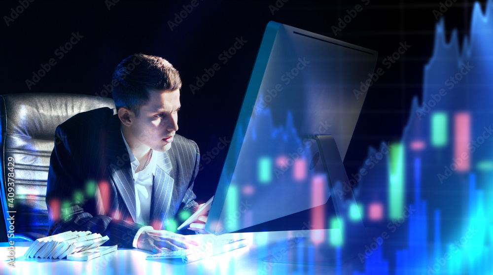 Aufkleber trader next to computer. growing chart next to the trader. trading in stock market and stock market.