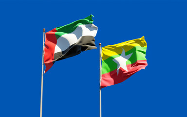 Flags of Myanmar and UAE Arab Emirates.
