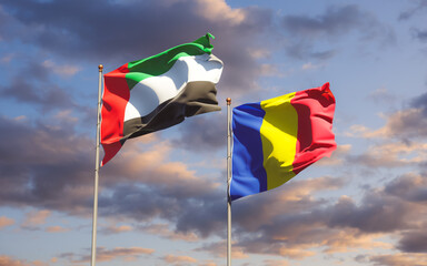 Flags of Romania and UAE Arab Emirates.