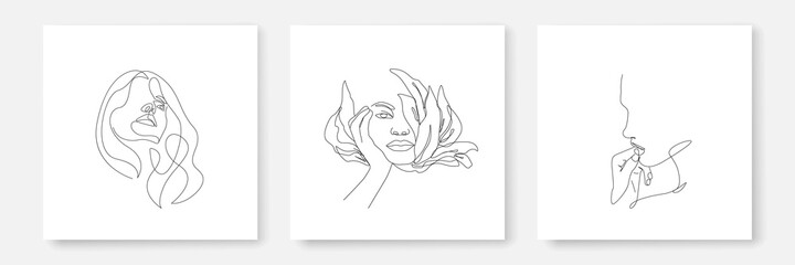 Set of Abstract Minimalistic Female Faces Prints. Vector illustration of Woman Face Linear Style. Creative Contemporary Abstract Line Drawing. Vector Minimalist Design.