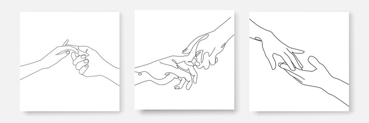 Continuous Line Drawing of Hands Couple Trendy Minimalist Prints Set. One Line Abstract Concept. Hands Couple Minimalist Contour Drawing. Vector EPS 10.