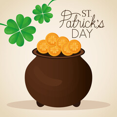 happy st patricks day lettering, two clovers and pot full of gold coins