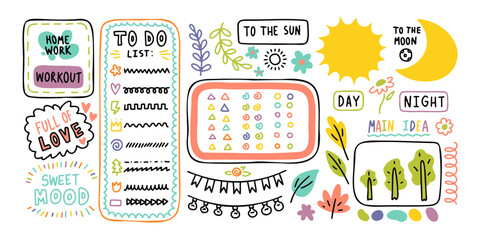 Diary elements. Hand drawn doodles bullet journal banners and elements for notebook, diary and planner. Frames, borders, vignettes, dividers outline collection.