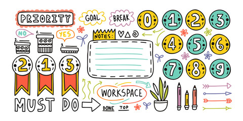 Diary elements. Hand drawn doodles bullet journal banners and elements for notebook, diary and planner. Frames, borders, vignettes, dividers outline collection.