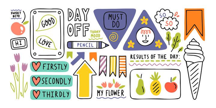Diary elements. Hand drawn doodles bullet journal banners and elements for notebook, diary and planner. Frames, borders, vignettes, dividers outline collection.