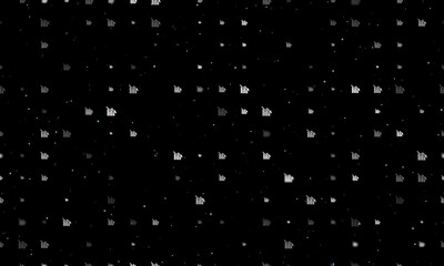 Seamless background pattern of evenly spaced white chart down symbols of different sizes and opacity. Vector illustration on black background with stars