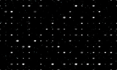 Seamless background pattern of evenly spaced white square academic cap symbols of different sizes and opacity. Vector illustration on black background with stars