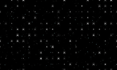 Seamless background pattern of evenly spaced white champagne toast symbols of different sizes and opacity. Vector illustration on black background with stars