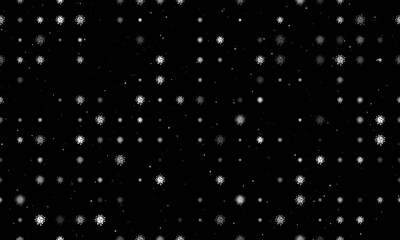 Seamless background pattern of evenly spaced white coronavirus symbols of different sizes and opacity. Vector illustration on black background with stars