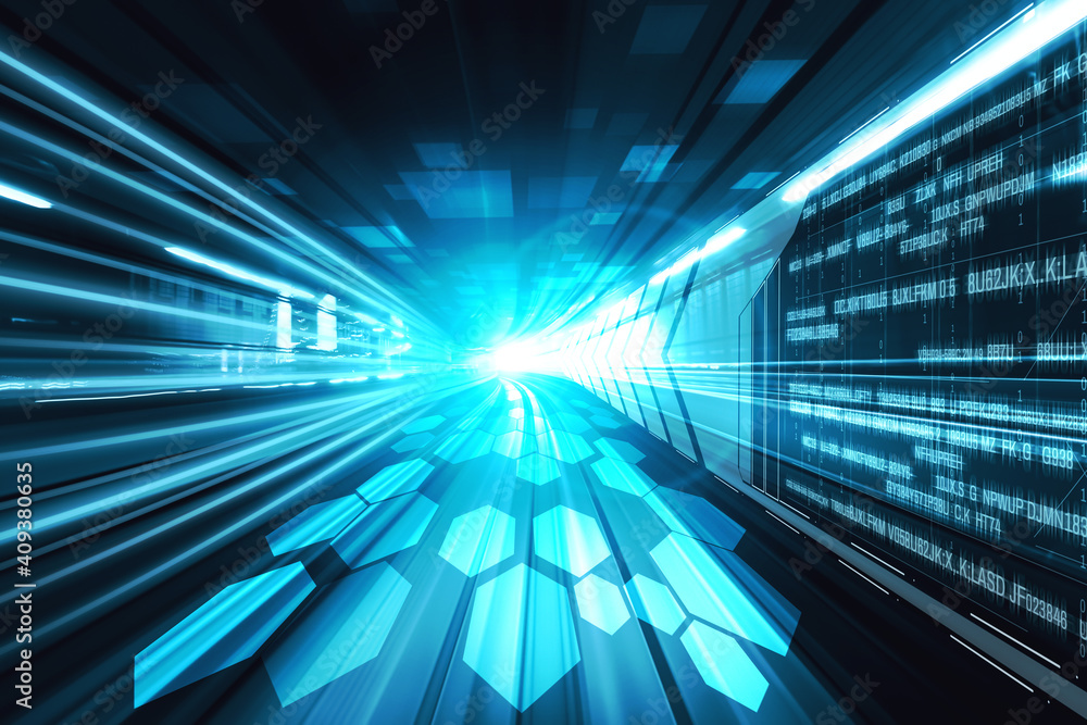Poster digital data flow on road with motion blur to create vision of fast speed transfer . concept of futu