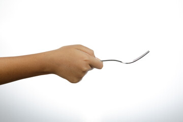 a man hand holding a silver fork isolate on white background