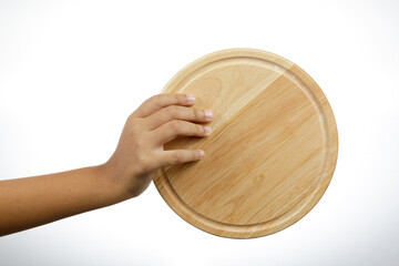 a man hand holding wood chopping board isolate on white background