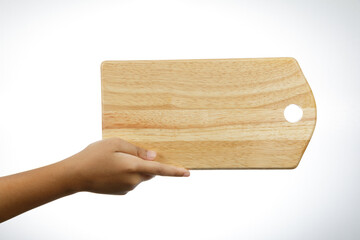 a man hand holding wood chopping board isolate on white background