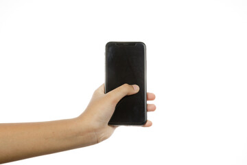 a man hand holding phone isolate on white background
