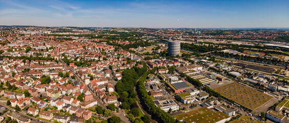 Aerial view of the east part of Stuttgart on an early sunny, summer morning in Germany.