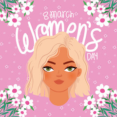8 march womens day lettering and woman with a blond hair