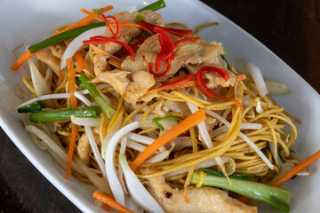 Chicken Chow Mein Noodles on white plate