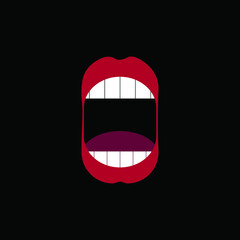 widely open mouth with red lips and white teeth, created in flat on a black background, laughing or shouting, logo design