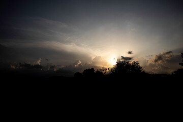 
trees, sky, clouds, mountain, night