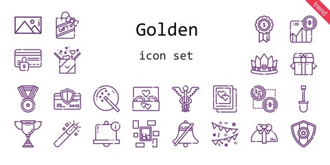 golden icon set. line icon style. golden related icons such as gift, wedding ring, shovel, bell, garlands, picture, magic wand, medal, caduceus, credit card, trophy, bitcoin, crown,