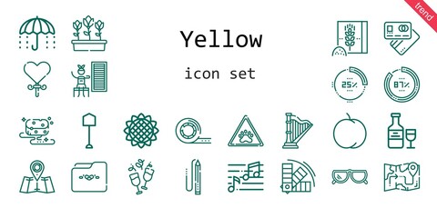 yellow icon set. line icon style. yellow related icons such as note, sponge, sunglasses, color, umbrella, paw, harp, peach, shovel, lollipop, infrared, pencil, sunflower, debit card,