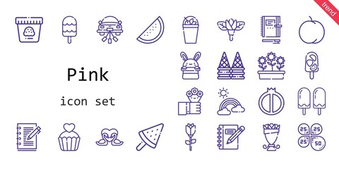 pink icon set. line icon style. pink related icons such as flowers, peach, bouquet, petals, popsicle, swans, flower, milkshake, wedding car, rainbow, ice cream, rose, watermelon