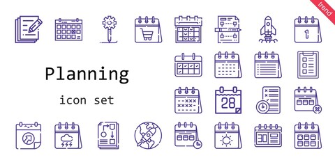 planning icon set. line icon style. planning related icons such as calendar, planning, task, creative process, workflow, startup, write,