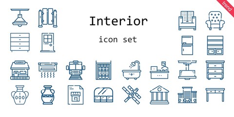 interior icon set. line icon style. interior related icons such as door, sofa, fridge, bookshelf, drawer, lamp, vase, office, space station, blueprint, bathtub, bank, subway, 