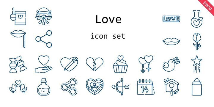 love icon set. line icon style. love related icons such as pigeon, love, couple, potion, candy, feeder, broken heart, heart, cupid, wedding car, lips, love birds, bird house, chocolate box, rose