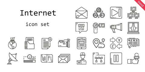 internet icon set. line icon style. internet related icons such as news, next, megaphone, wifi, delivery courier, news reporter, news report, video camera, camcorder, progress bar
