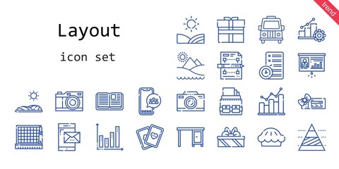 layout icon set. line icon style. layout related icons such as gift, van, smartphone, cards, voucher, bar graph, pyramid chart, photo camera, pie, presentation, planning, field, open book