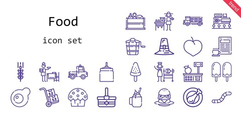 food icon set. line icon style. food related icons such as smoothie, plum, basket, rotisserie, oat, worm, egg, cup cake, truck, setting the table, mall, lemonade, pilgrim, vegetable